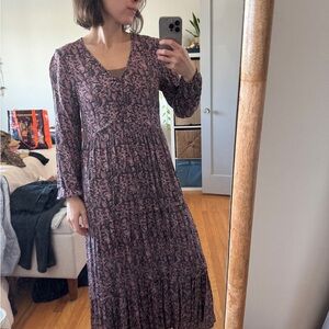 Faherty Plum and Black Floral Long Sleeve Dress